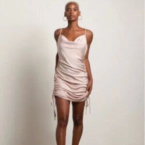 NWT By Together Satin Side Tie Ruched Cowl Neck Dress, Champagne Pink, M